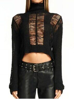 I.AM.GIA Black Distressed Open Knit Sweater-XS